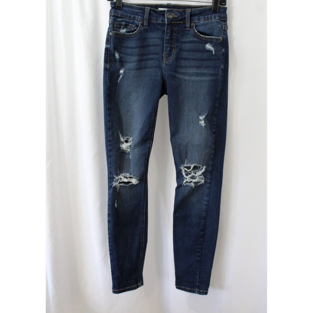 Eunina Womens Juniors Dark Wash Distressed Jude Mid Rise Skinny Ankle Jeans 3 - Picture 1 of 6
